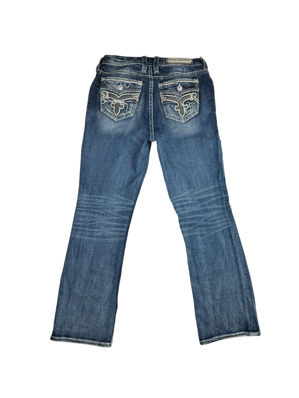 Rock Revival Ash Rose Easy Boot Cut Rhinestone Distressed Jeans Womens 32 Blue